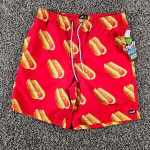 Neff Mens Sz L Swimsuit Swim Trunks Funny Hotdog Print Bright Red NEW
